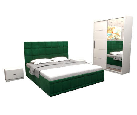 Set dormitor regal cu pat tapitat verde stofa 160x200 cm cu dulap usi glisante alb cu oglinda 150x200x61 cm si fara comoda tv