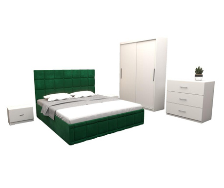 Set dormitor regal cu pat tapitat verde stofa 160x200 cm cu dulap usi glisante alb fara oglinda 150x200x61 cm si cu comoda tv