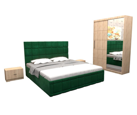Set dormitor regal cu pat tapitat verde stofa 160x200 cm cu dulap usi glisante sonoma cu oglinda 150x200x61 cm si fara comoda tv