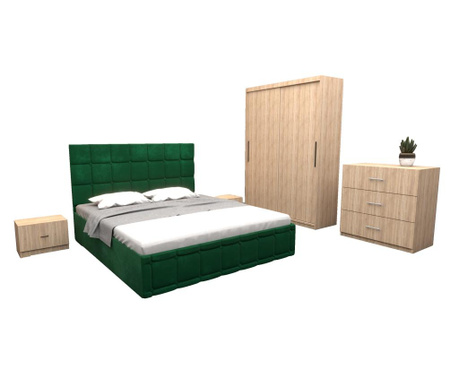 Set dormitor regal cu pat tapitat verde stofa 160x200 cm cu dulap usi glisante sonoma fara oglinda 150x200x61 cm si cu comoda tv