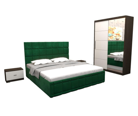 Set dormitor regal cu pat tapitat verde stofa 160x200 cm cu dulap usi glisante wenge cu oglinda 150x200x61 cm si fara comoda tv