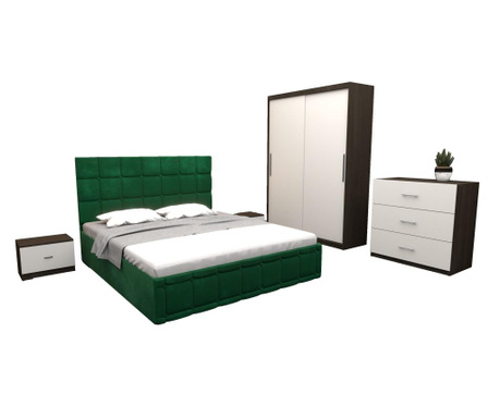 Set dormitor regal cu pat tapitat verde stofa 160x200 cm cu dulap usi glisante wenge fara oglinda 150x200x61 cm si cu comoda tv