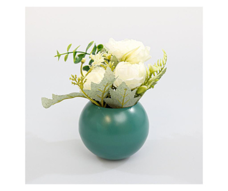 Кръгла ваза с цветя, бяла, пластмаса, 17 см