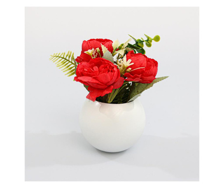 Кръгла ваза с цветя, червена, пластмасова, 17 см