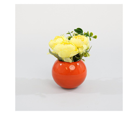 Кръгла ваза с цветя, жълта, пластмасова, 17 см