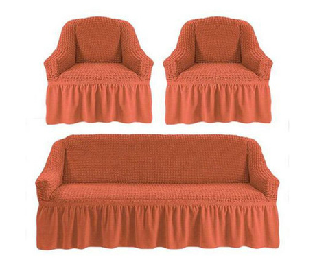 Set huse pentru canapea de 3 locuri si 2 fotolii din bumbac elasticizat si creponat 3-1-1 caramiziu