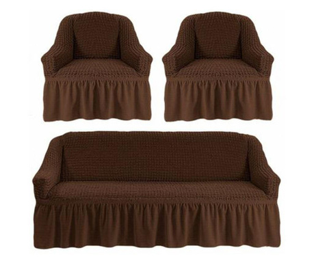 Set huse pentru canapea de 3 locuri si 2 fotolii din bumbac elasticizat si creponat 3-1-1 maro inchis