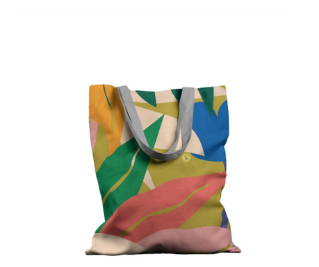 Geanta de Plaja Handmade Tote Basic, Pattern cu Frunze de Plante Exotice, Multicolor, 43x37 cm