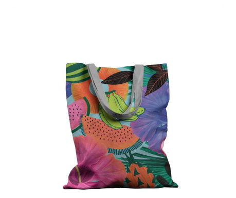 Geanta de Plaja Handmade Tote Basic, Pattern cu Fructe si Plante Exotice, Multicolor, 43x37 cm