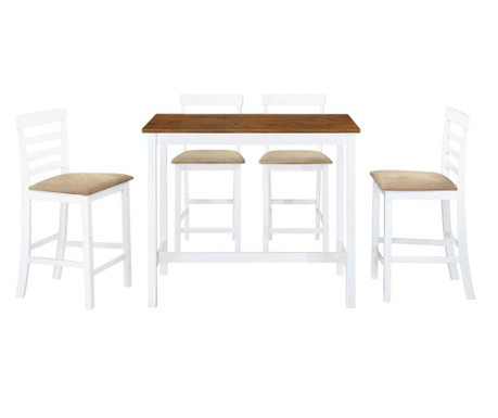 5 részes barna-fehér tömör fa bárasztal és szék garnitúra