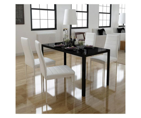 Трапезен комплект, 5 части, маса и 4 стола, черно и бяло