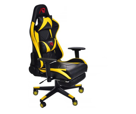 Scaun de gaming galben-negru cu suport de picioare