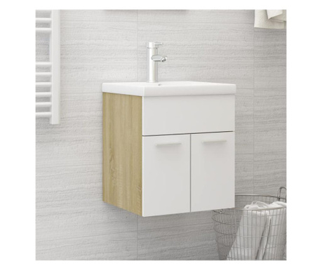 Долен шкаф за мивка, бяло и дъб сонома, 41x38,5x46 см, ПДЧ