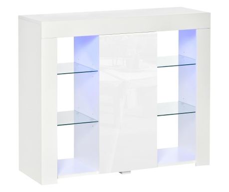 Bufet de Depozitare din PAL, cu Uși, Lumini LED și Rafturi din Sticlă, Mobilier Multifuncțional cu Finisaj Lucios, 97 x 35 x 83