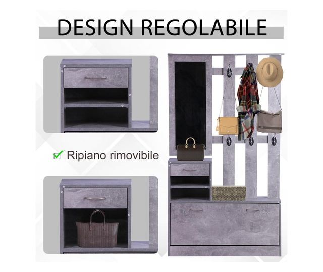Homcom Garderoba pentru Intrare, cu Oglinda, Cuier si Pantofar Reglabil, Gri ciment, 90x22x116 cm