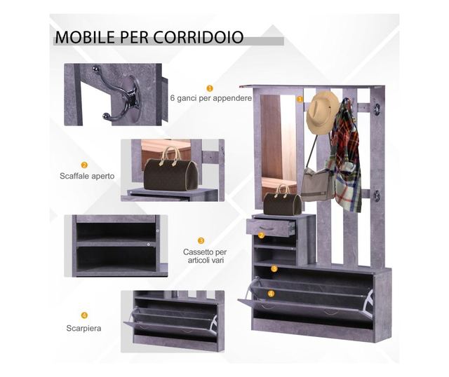 Homcom Garderoba pentru Intrare, cu Oglinda, Cuier si Pantofar Reglabil, Gri ciment, 90x22x116 cm