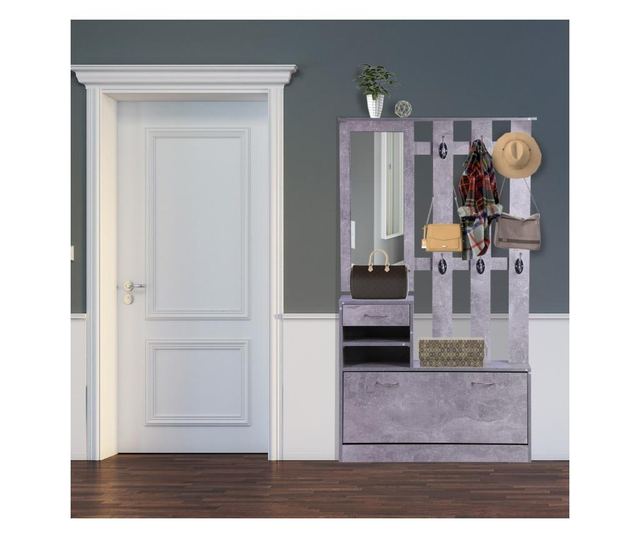 Homcom Garderoba pentru Intrare, cu Oglinda, Cuier si Pantofar Reglabil, Gri ciment, 90x22x116 cm