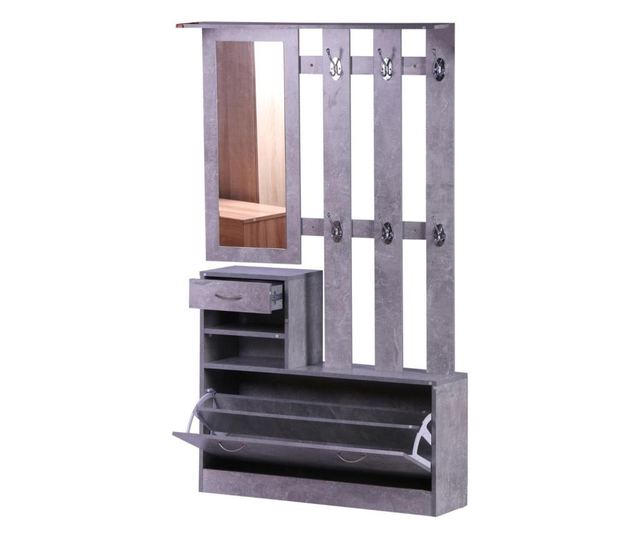 Homcom Garderoba pentru Intrare, cu Oglinda, Cuier si Pantofar Reglabil, Gri ciment, 90x22x116 cm
