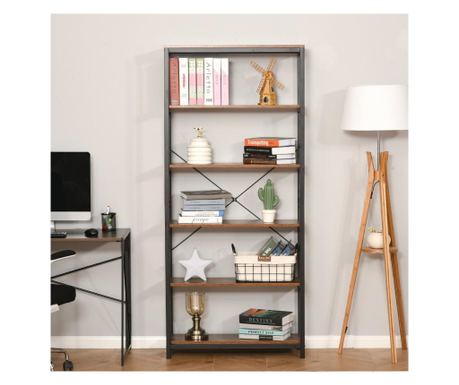 Bibliotecă Verticală în Stil Industrial Vintage, Raft Salvaspațiu cu 6 Rafturi din Lemn și Metal Negru, 80x30x180 cm