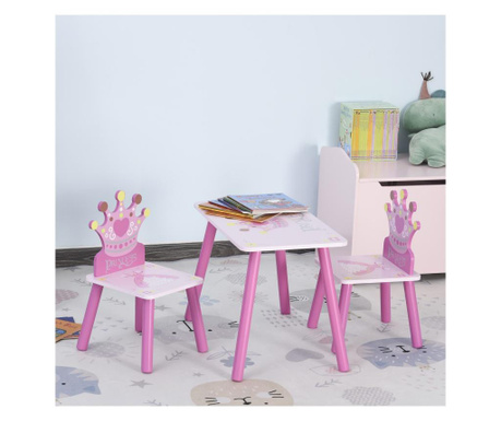HOMCOM Set Masa si 2 scaune pentru copii 3-8 ani design printesa forma coroana HOMCOM