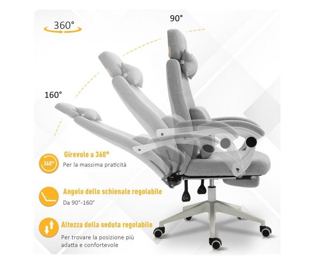 Vinsetto Scaun De Birou Rotativ Reglabil In Inaltime Gri