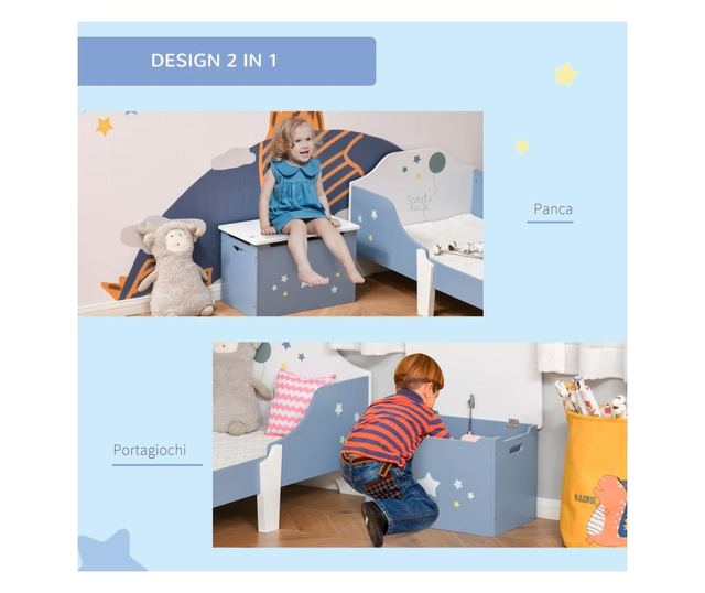 HOMCOM Cutie de Depozitarea pentru Jucarii din Lemn Albastru si Alb pentru Camera Copiilor HOMCOM