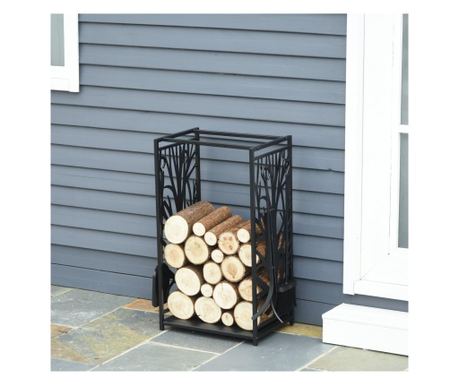 Homcom Rack Din Lemn De Ars Suport Lemne 4 Scule Din Otel Max. 100kg Negru