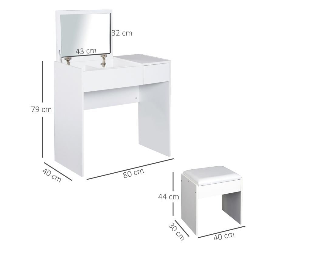 Masă de Machiaj cu Oglindă Pliabilă, Modernă, cu Scaunel, Compartiment de Depozitare (4 Scompartimente), MDF Alb, 80x40x79 cm - 2