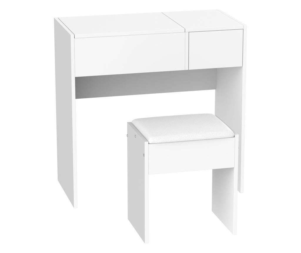 Masă de Machiaj cu Oglindă Pliabilă, Modernă, cu Scaunel, Compartiment de Depozitare (4 Scompartimente), MDF Alb, 80x40x79 cm - 4