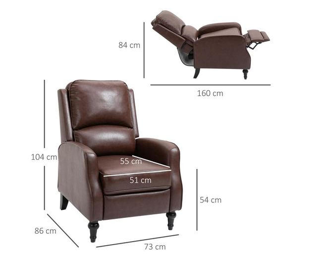 HOMCOM Fotoliu Relax Rabatabil 90° si 150° Manual din piele HOMCOM