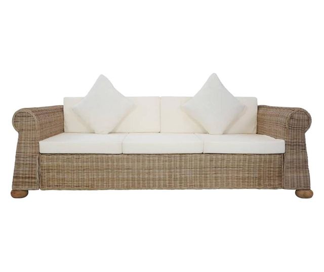 Canapea de 3 locuri cu perne, natural, ratan