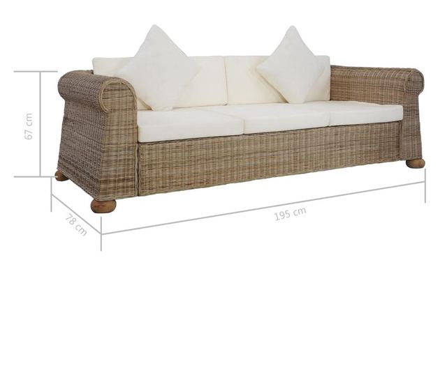 Canapea de 3 locuri cu perne, natural, ratan