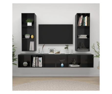 Stenska TV omarica 4 kosi visok sijaj črne barve iverna plošča
