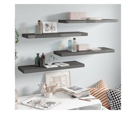 Stenske police 4 kosi visok sijaj sive 80x23,5x3,8 cm MDF 