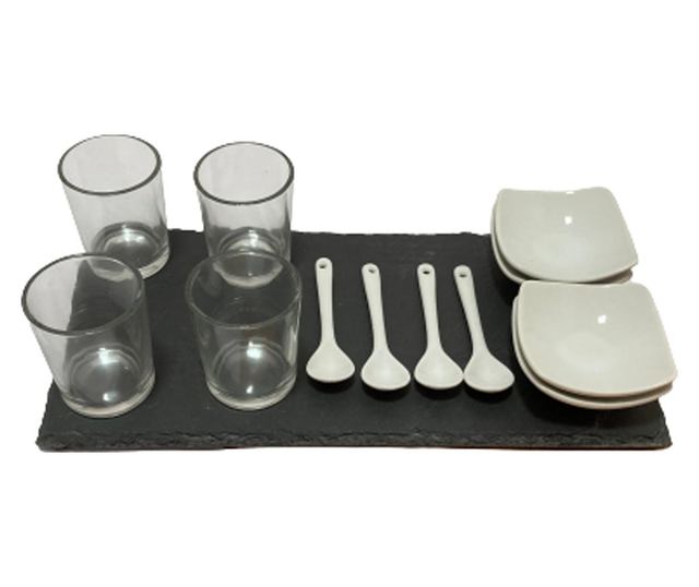 Excellent Houseware négyzet alakú tálaló készlet, pala/porcelán, 30x15cm, fekete/fehér