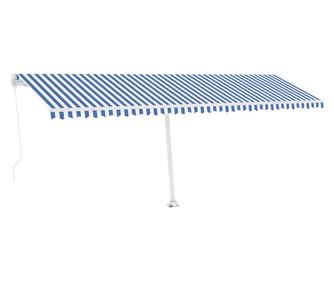 Ръчно прибиращ се сенник с LED, 600x350 см, синьо и бяло