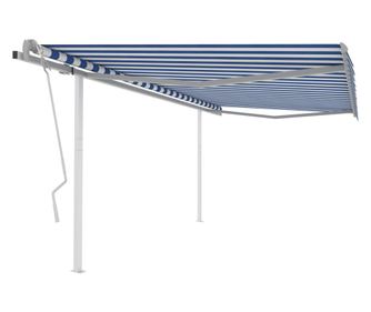 Copertină retractabilă manual, cu stâlpi, albastru/alb, 4x3 m