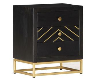 Κομοδίνο, μαύρο και χρυσό, 40 x 30 x 50 εκ., μασίφ ξύλο μάνγκο