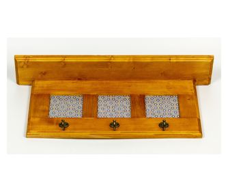 Cuier handmade decorat cu faianta si trei agatatori,lemn, 56x23x11 cm