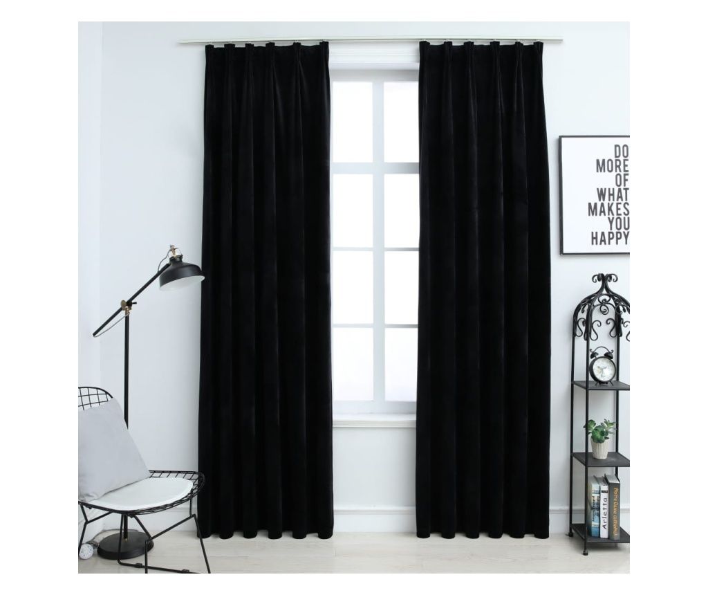 Draperii opace cu cârlige, 2 buc., negru, 140x175 cm, catifea
