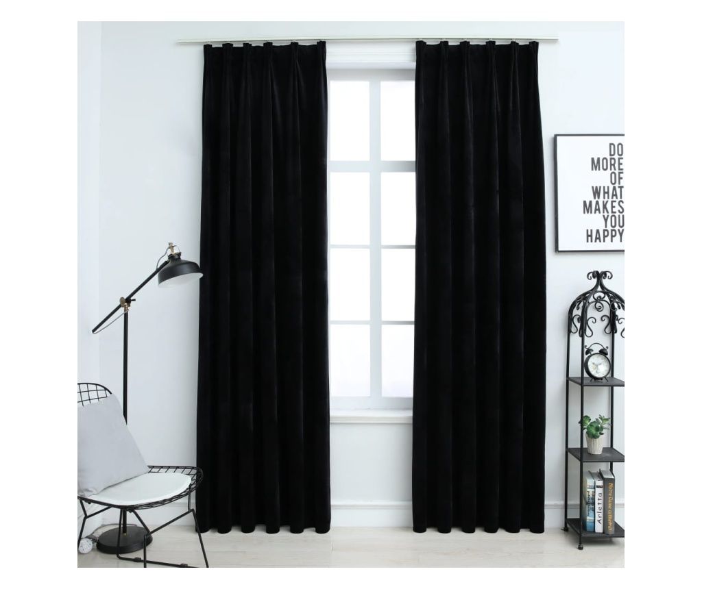 Draperii opace, 2 buc., negru, 140x225 cm, catifea, cu cârlige