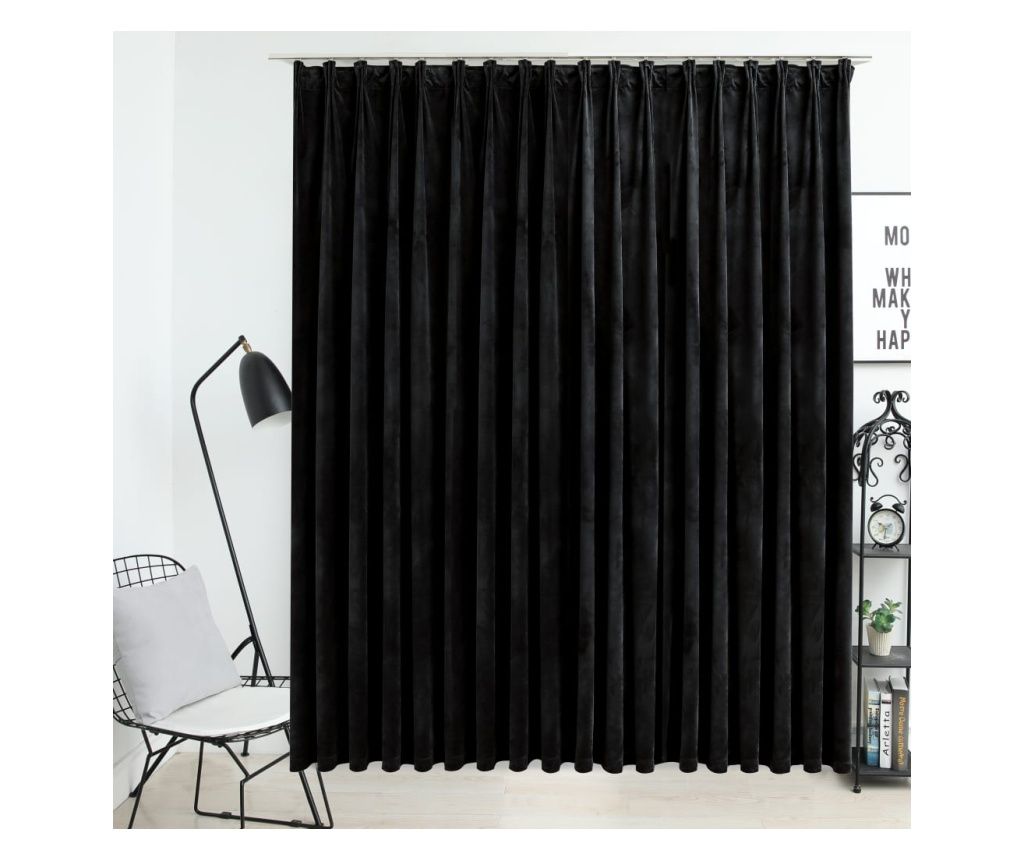 Draperie opacă, negru, 290 x 245 cm, catifea, cu cârlige