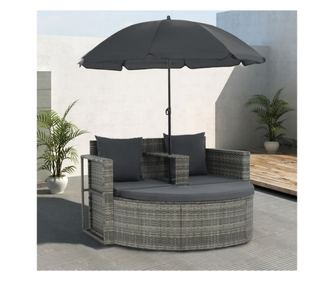 Canapea de grădină cu 2 locuri cu perne & umbrelă gri poliratan