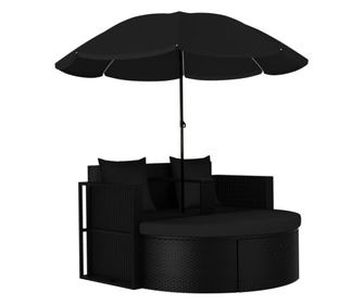 Pat de grădină cu umbrelă de soare, negru, poliratan