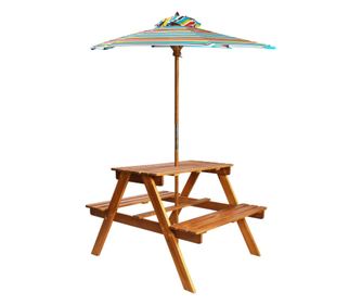 Детска маса за пикник с чадър, 79x90x60 см, акация масив