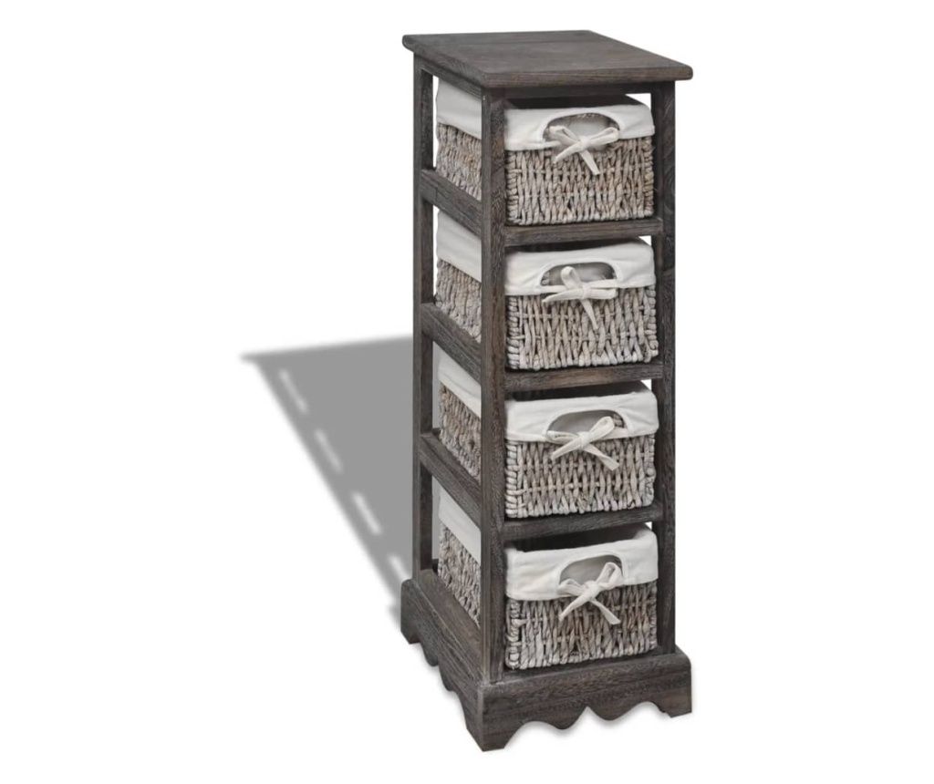 Fa tároló szekrény, 4 fonott kosár, barna