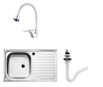 Set chiuveta masca, inox, cuva stanga, Raulconstruct, 80x50 cm, baterie lebada flexibila cu sifon de scurgere