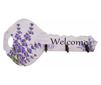 Cuier decorativ suport din lemn Pufo Sweet Welcome pentru chei, in forma de cheie, 24 cm