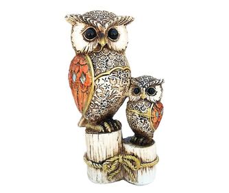 Statueta decorativa, Bufnita si pui asezate pe trunchi de copac, 17 cm, 202H