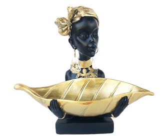Statueta decorativa, Femeie Africana cu vas in forma de frunza, 25 cm, 534H